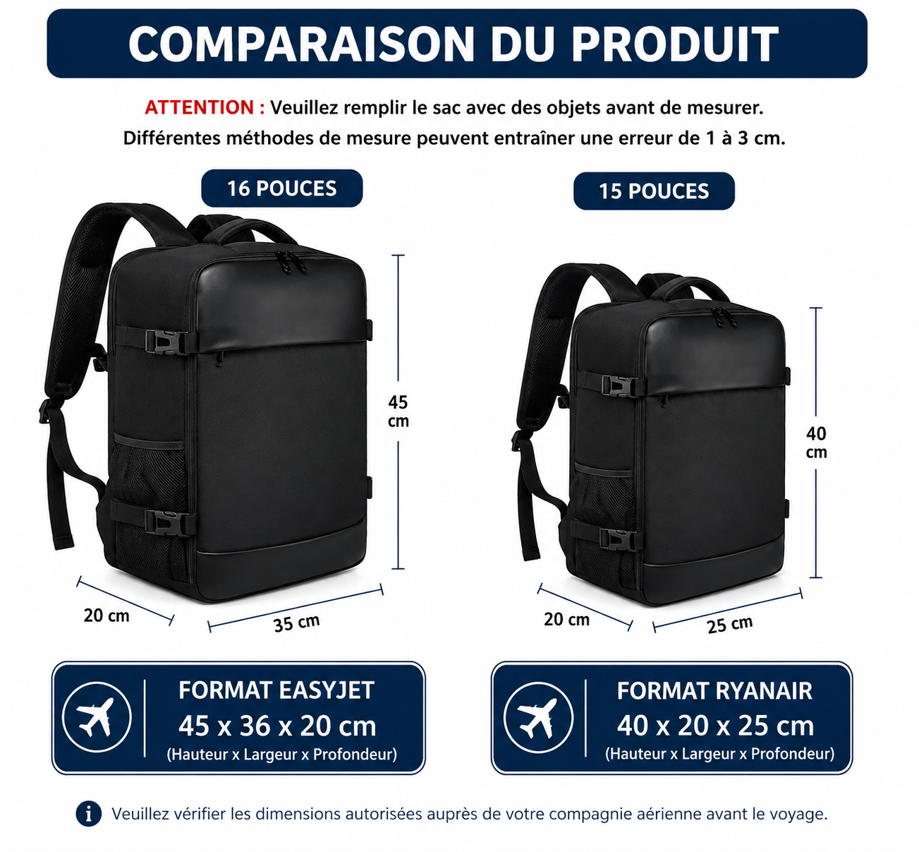 Sac à Dos Cabine Pèlerinage 40x20x25 - Compatible Avion