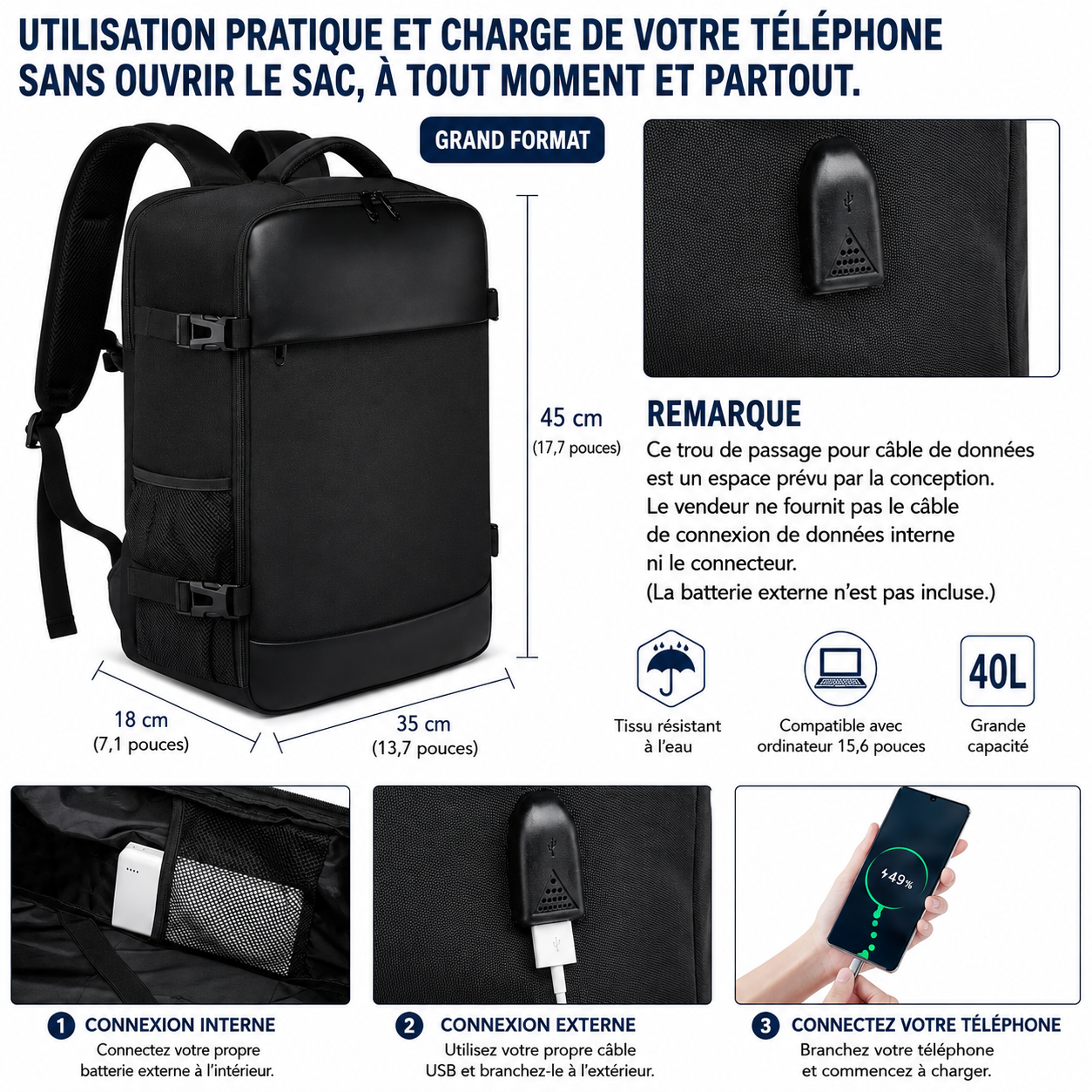 Sac à Dos Cabine Pèlerinage 40x20x25 - Compatible Avion
